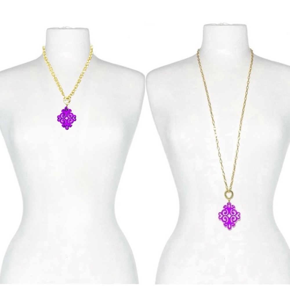 ZENZII Purple & Gold Acrylic Resin Adjustable Necklace • Wear Long or Short NWT
